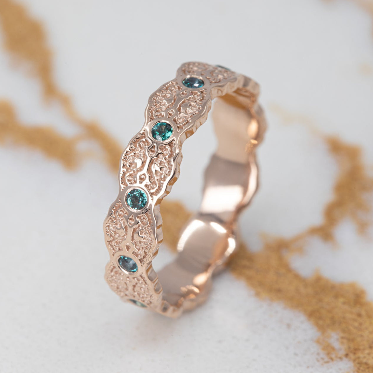 Aria Lace Wedding Ring with Eternity Alexandrites in 14K Yellow Gold – view 2