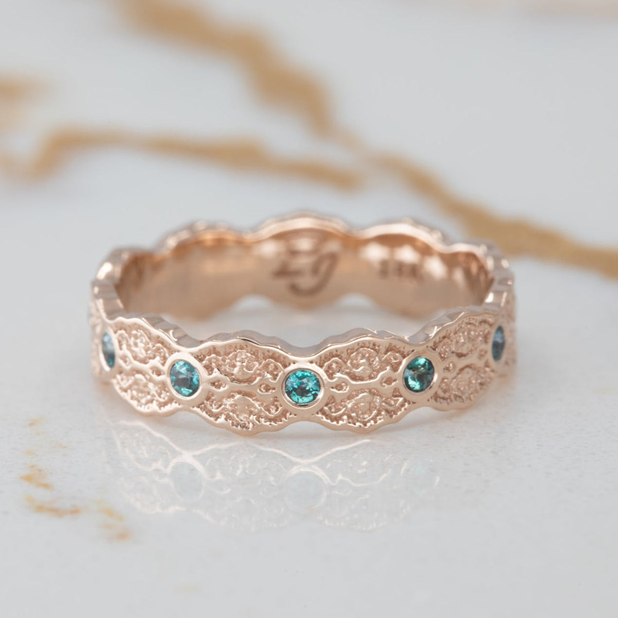 Aria Lace Wedding Ring with Eternity Alexandrites in 14K Yellow Gold