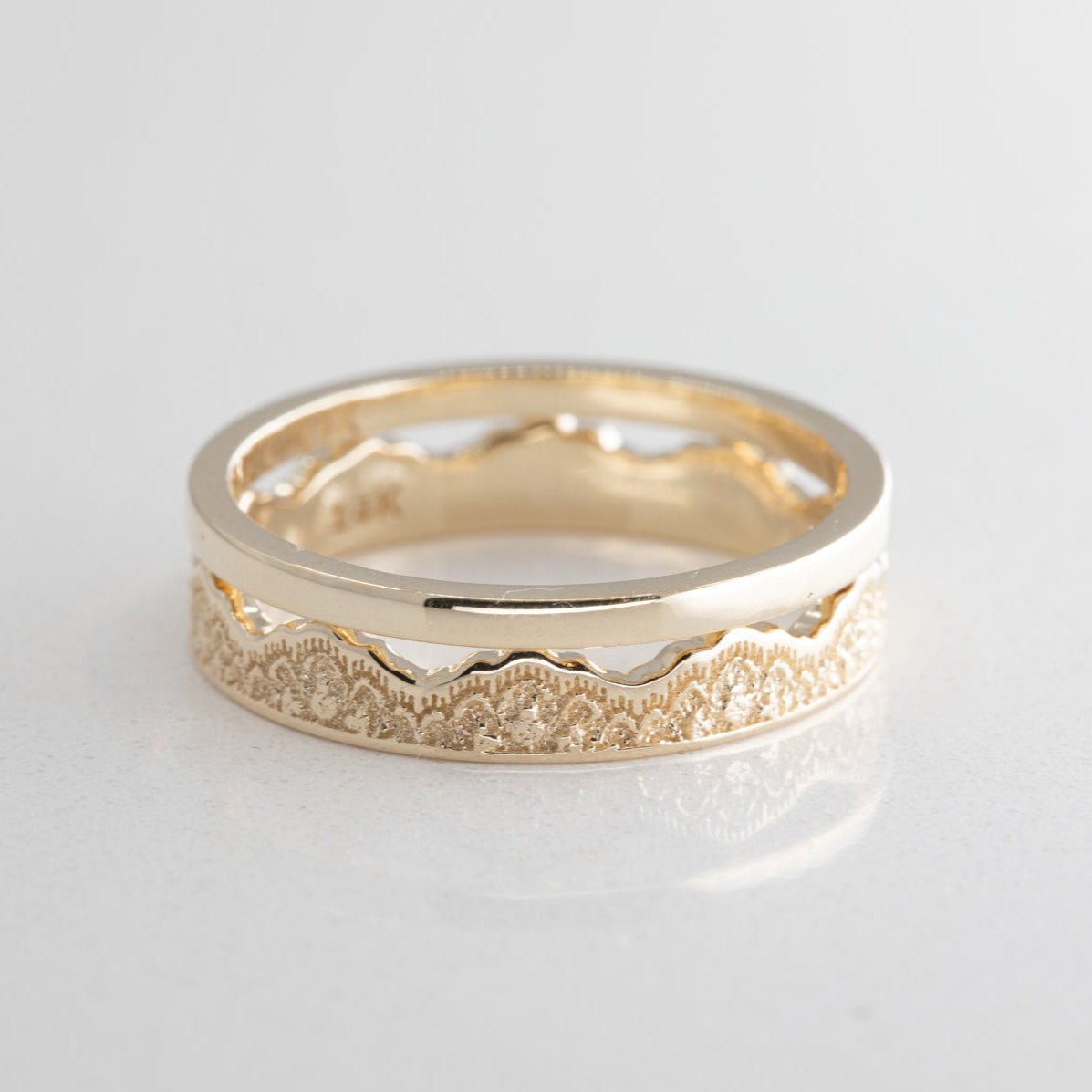 Maeve Lace Crown Wedding Ring Set — Crown Ring & Narrow Band in 14K Yellow Gold