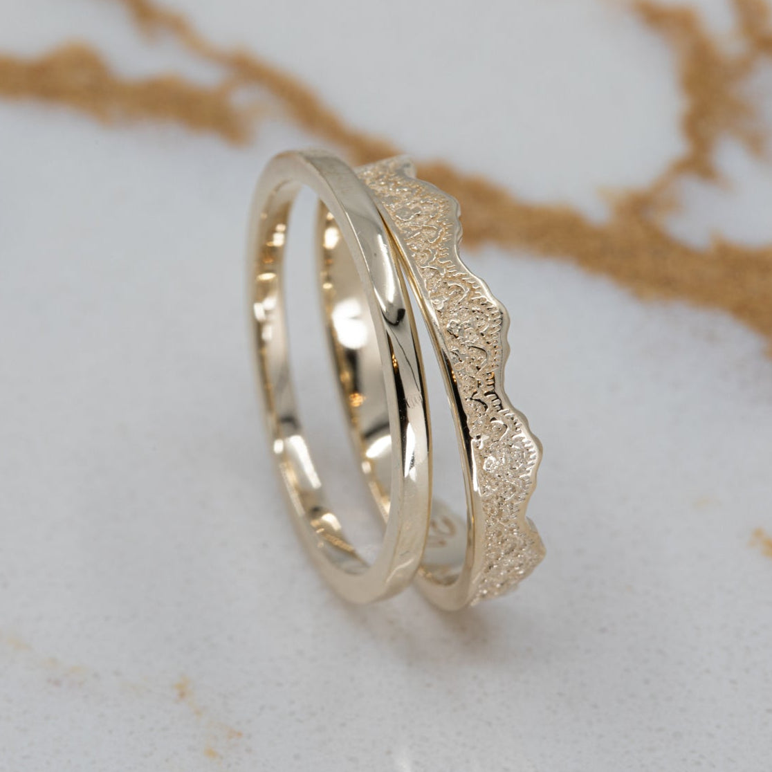 Maeve Lace Crown Wedding Ring Set — Crown Ring & Narrow Band in 14K Yellow Gold – view 2