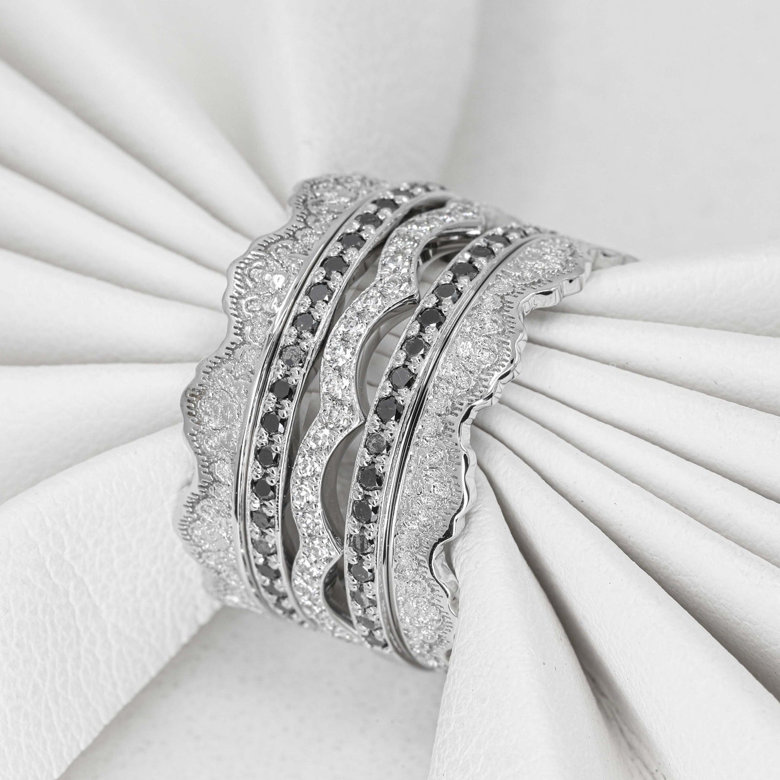 Maeve Lace Crown and Diamonds Stacking Wedding Ring Set in 14K Yellow Gold with black diamond – view 2