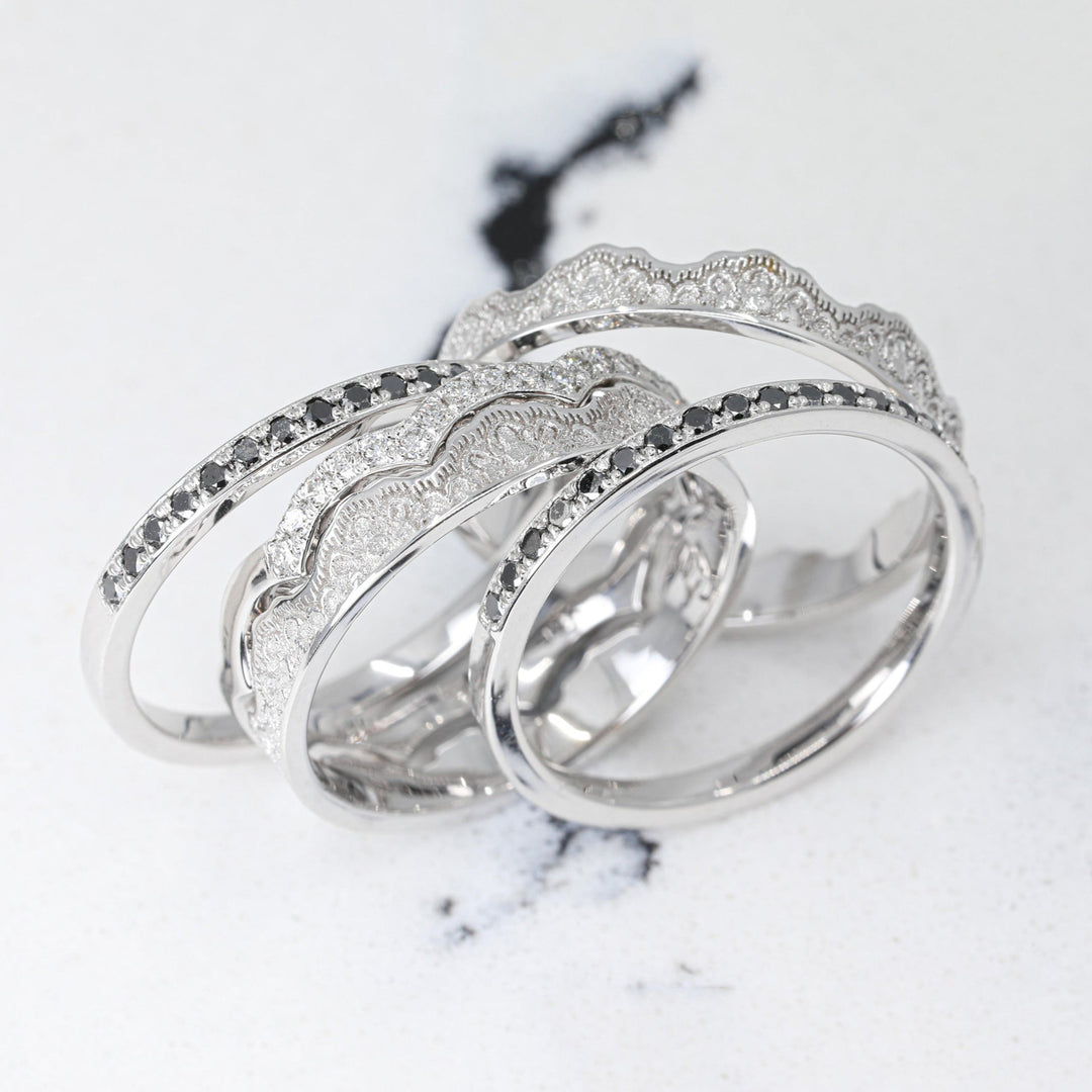 Maeve Lace Crown and Diamonds Stacking Wedding Ring Set