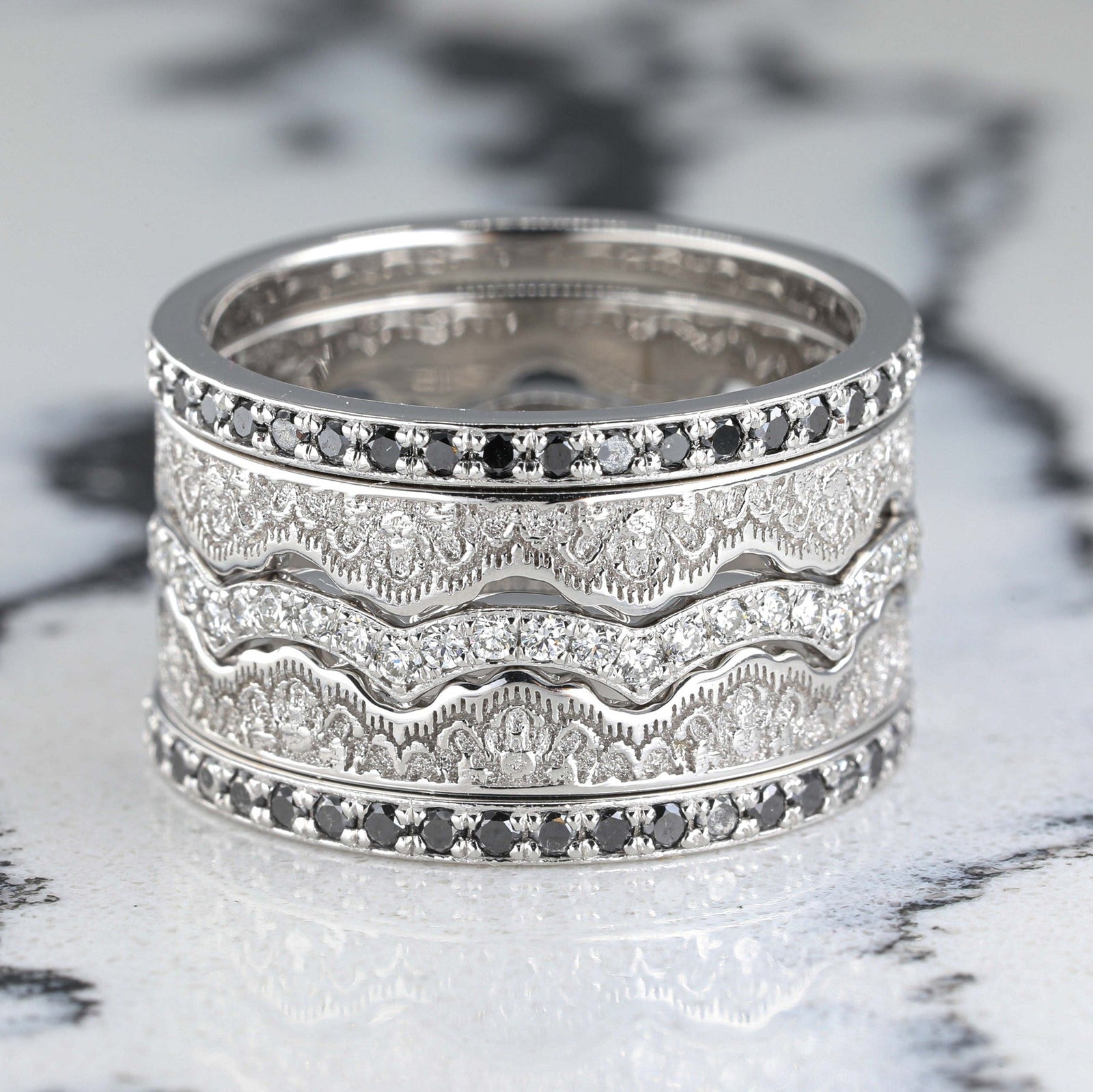 Maeve Lace Crown and Diamonds Stacking Wedding Ring Set in 14K Yellow Gold with black diamond
