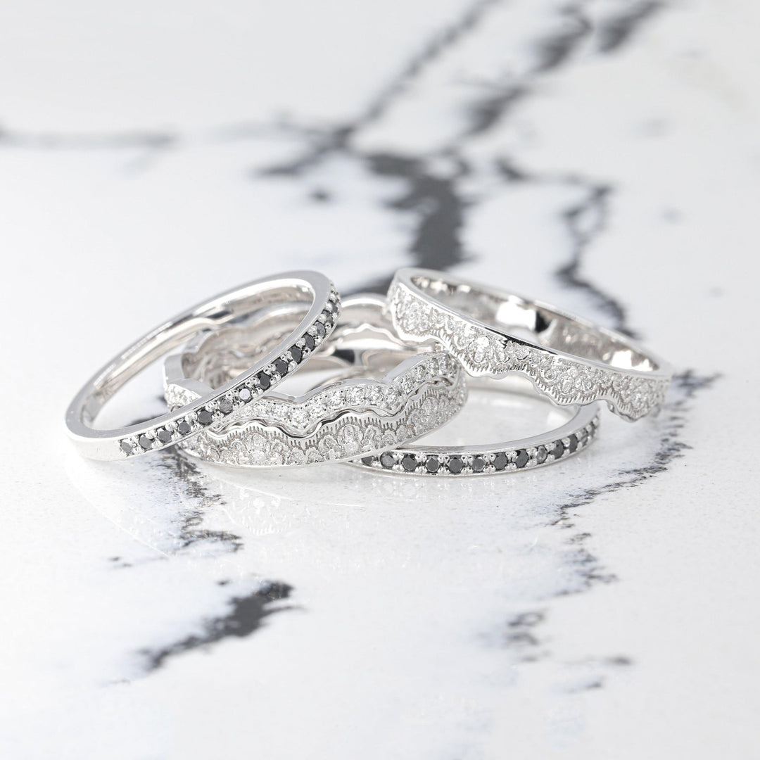 Maeve Lace Crown and Diamonds Stacking Wedding Ring Set