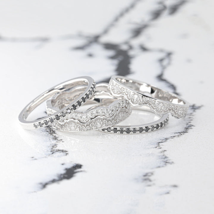 Maeve Lace Crown and Diamonds Stacking Wedding Ring Set