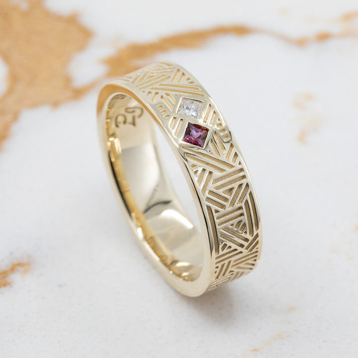 Orion Men's Wedding Band with Princess Cut Diamond and Ruby