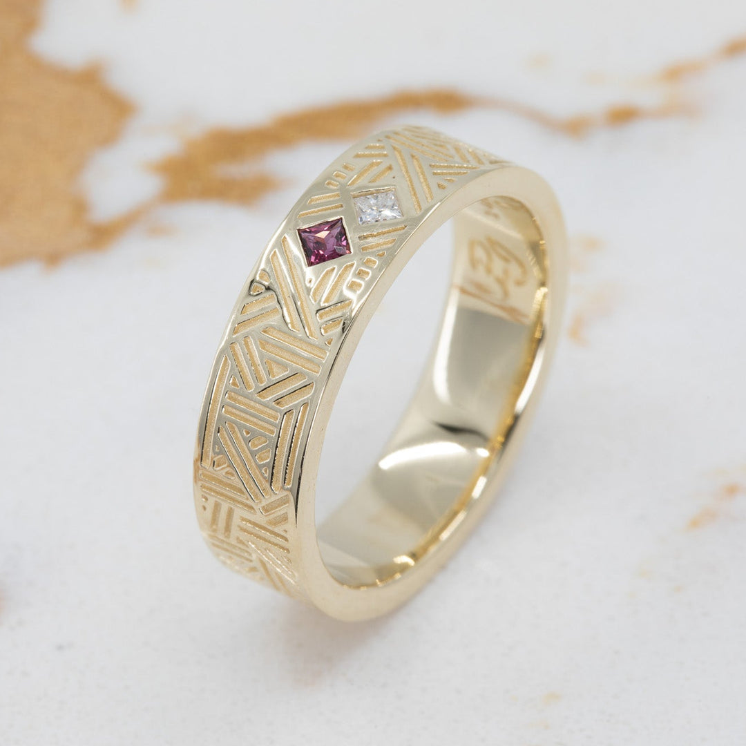 Orion Men's Wedding Band with Princess Cut Diamond and Ruby