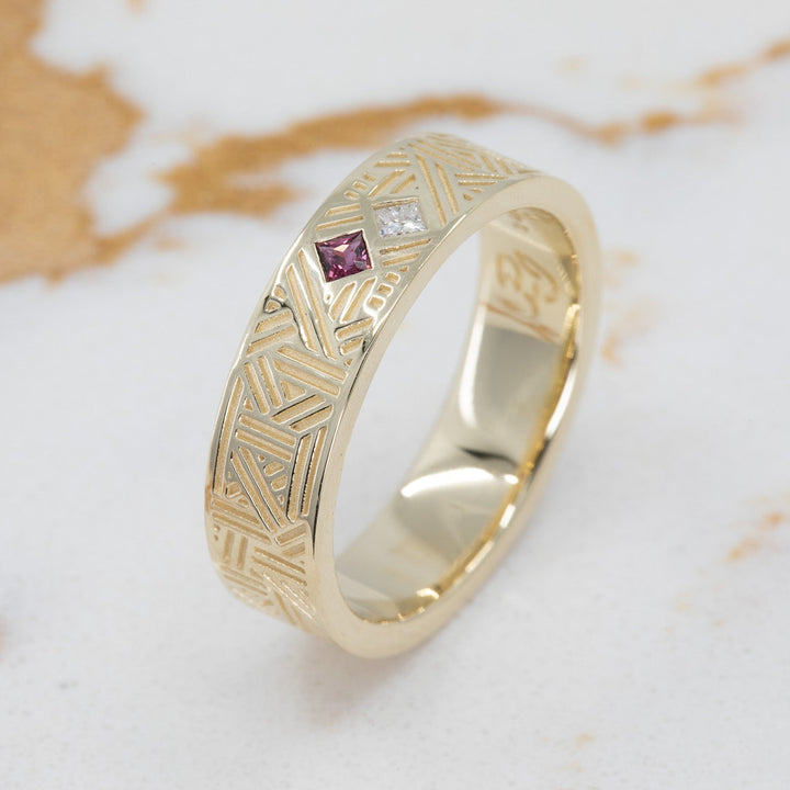 Orion Men's Wedding Band with Princess Cut Diamond and Ruby