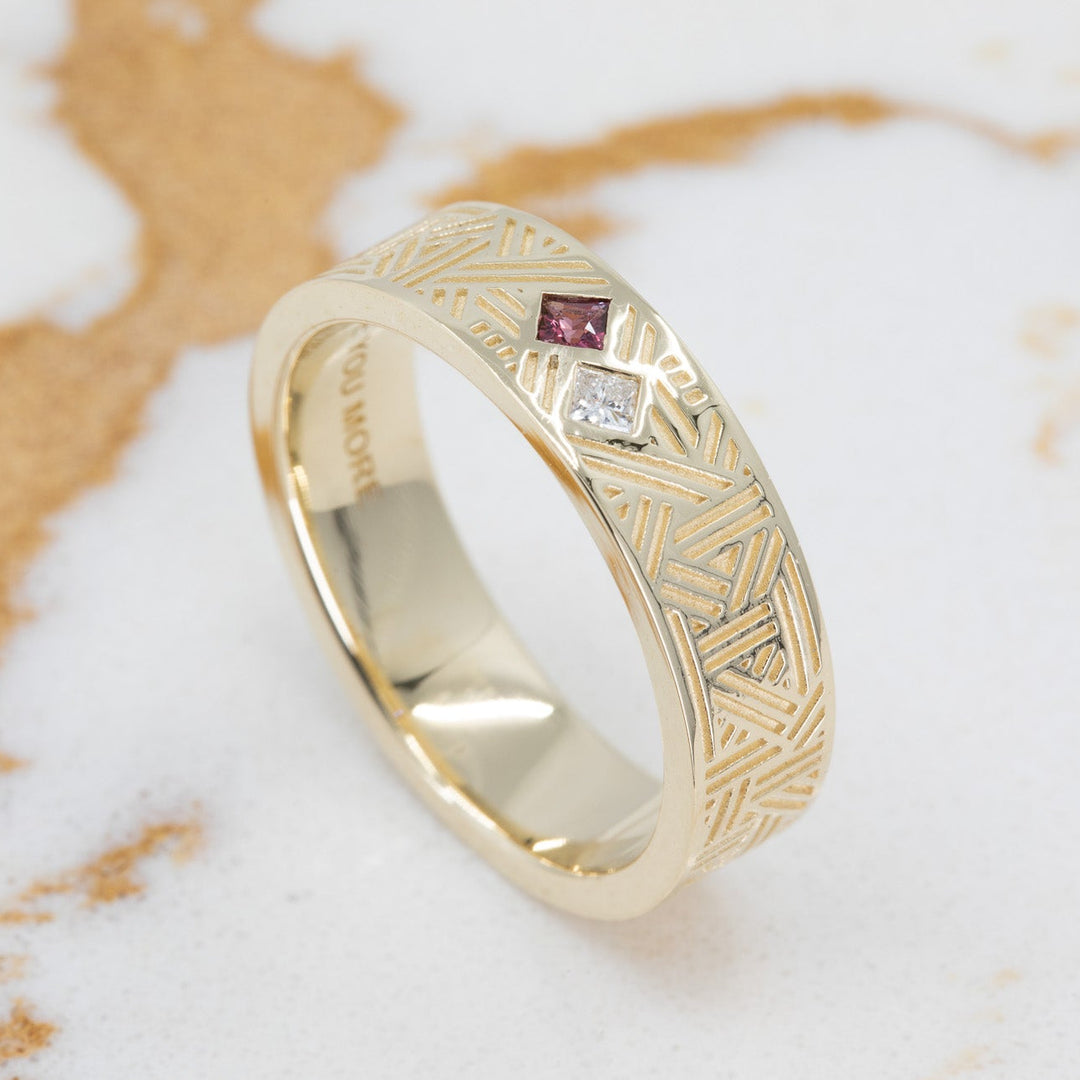Orion Men's Wedding Band with Princess Cut Diamond and Ruby