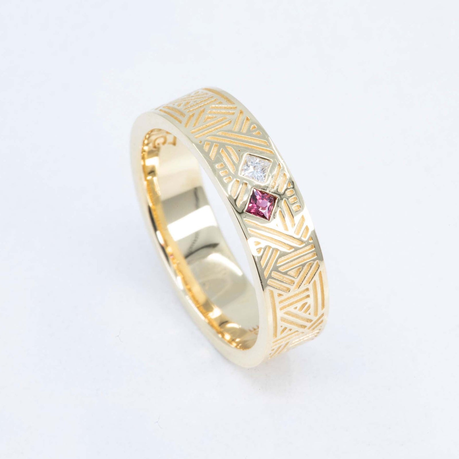 Orion Men's Wedding Band with Princess Cut Diamond and Ruby in 14K Yellow Gold – view 2