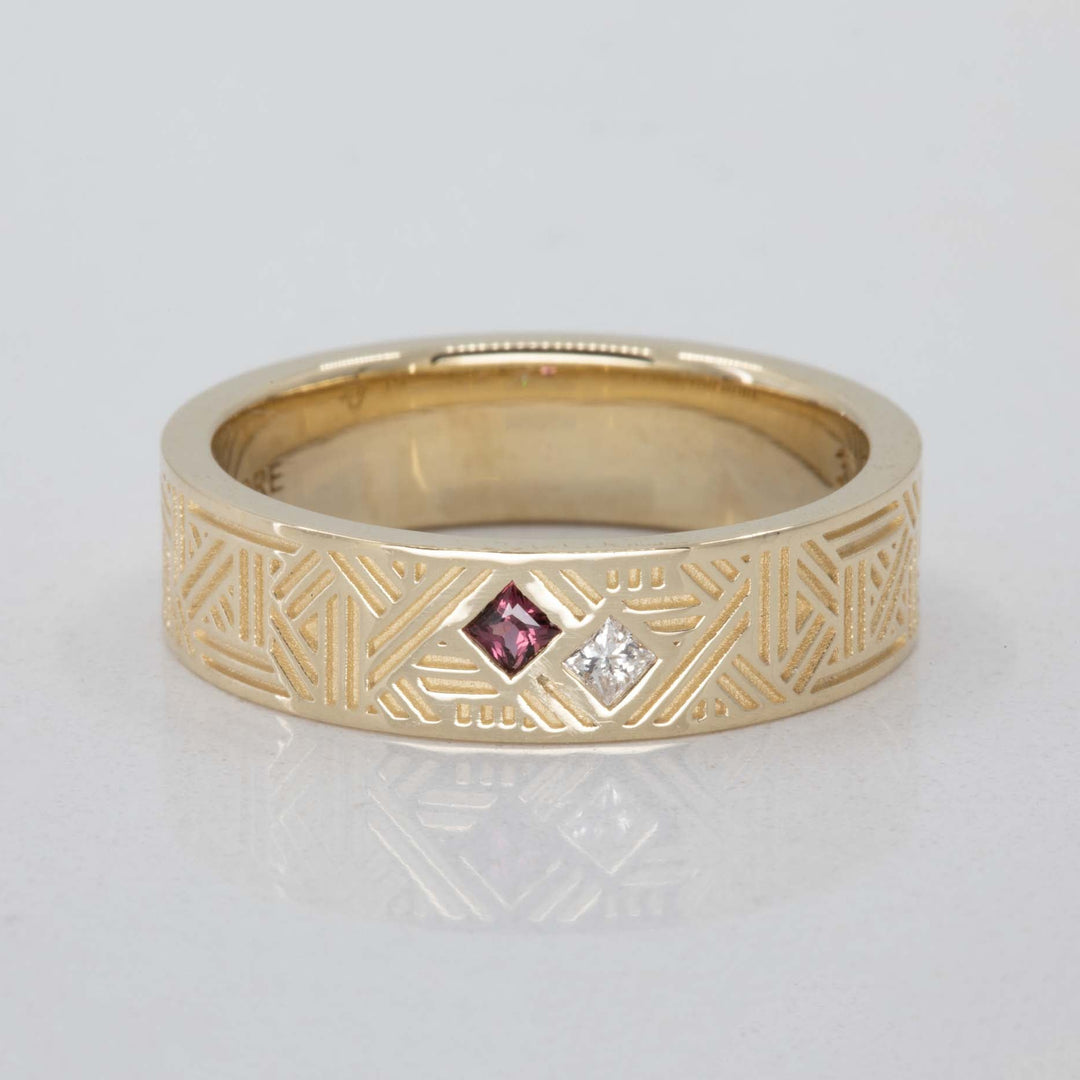 Orion Men's Wedding Band with Princess Cut Diamond and Ruby