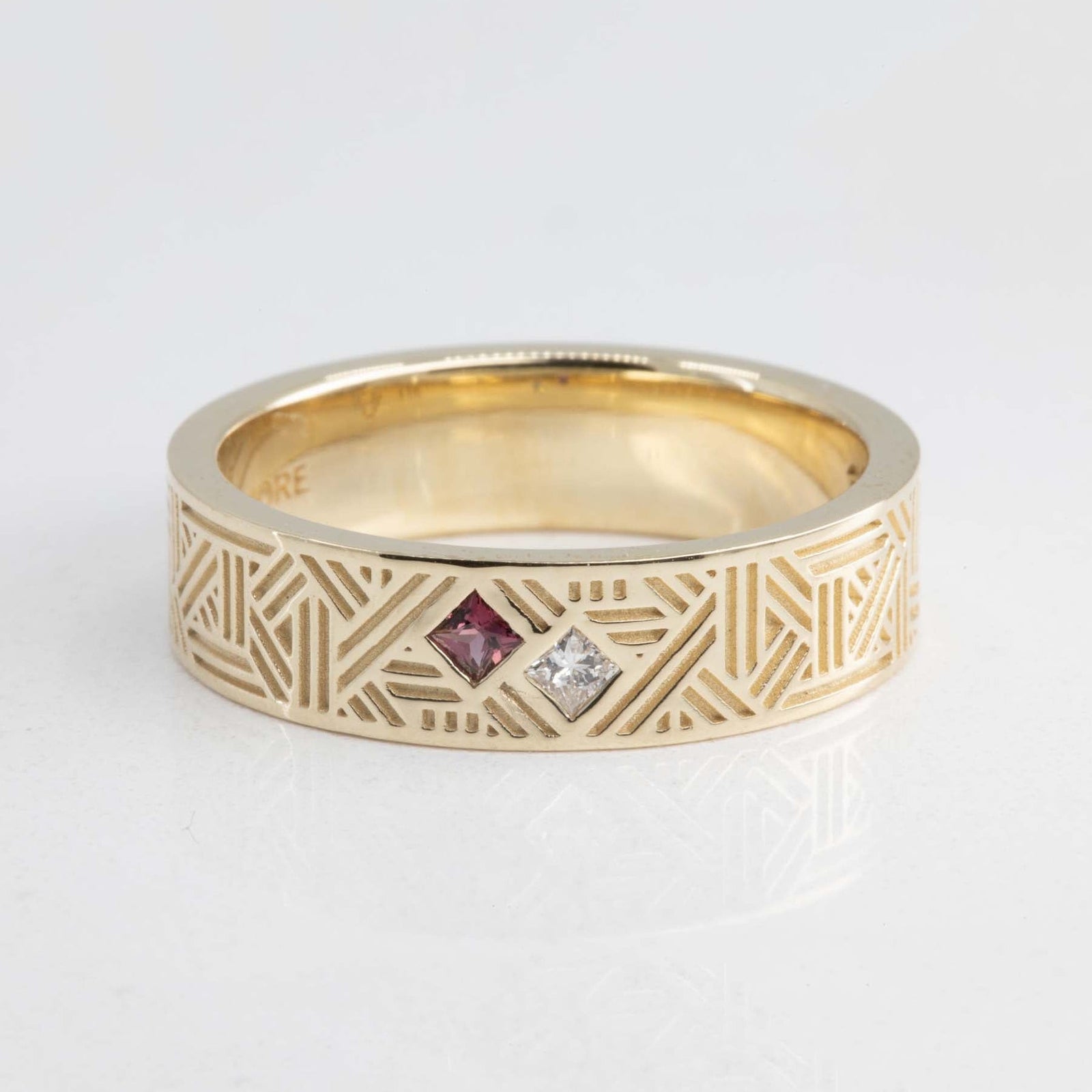 Orion Men's Wedding Band with Princess Cut Diamond and Ruby in 14K Yellow Gold