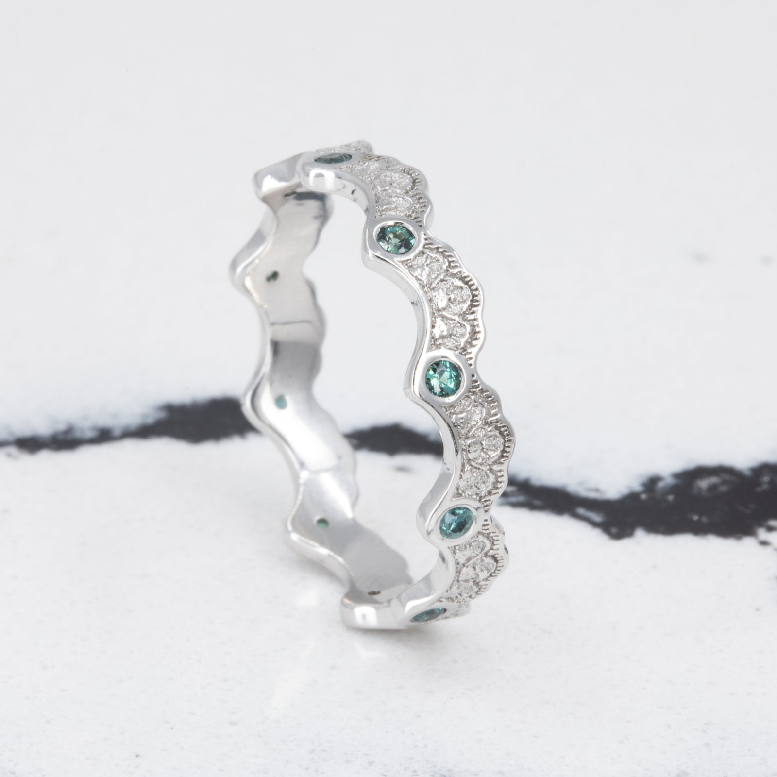 Aury Lace Wedding Ring with Eternity Alexandrites in 14K Yellow Gold – view 2