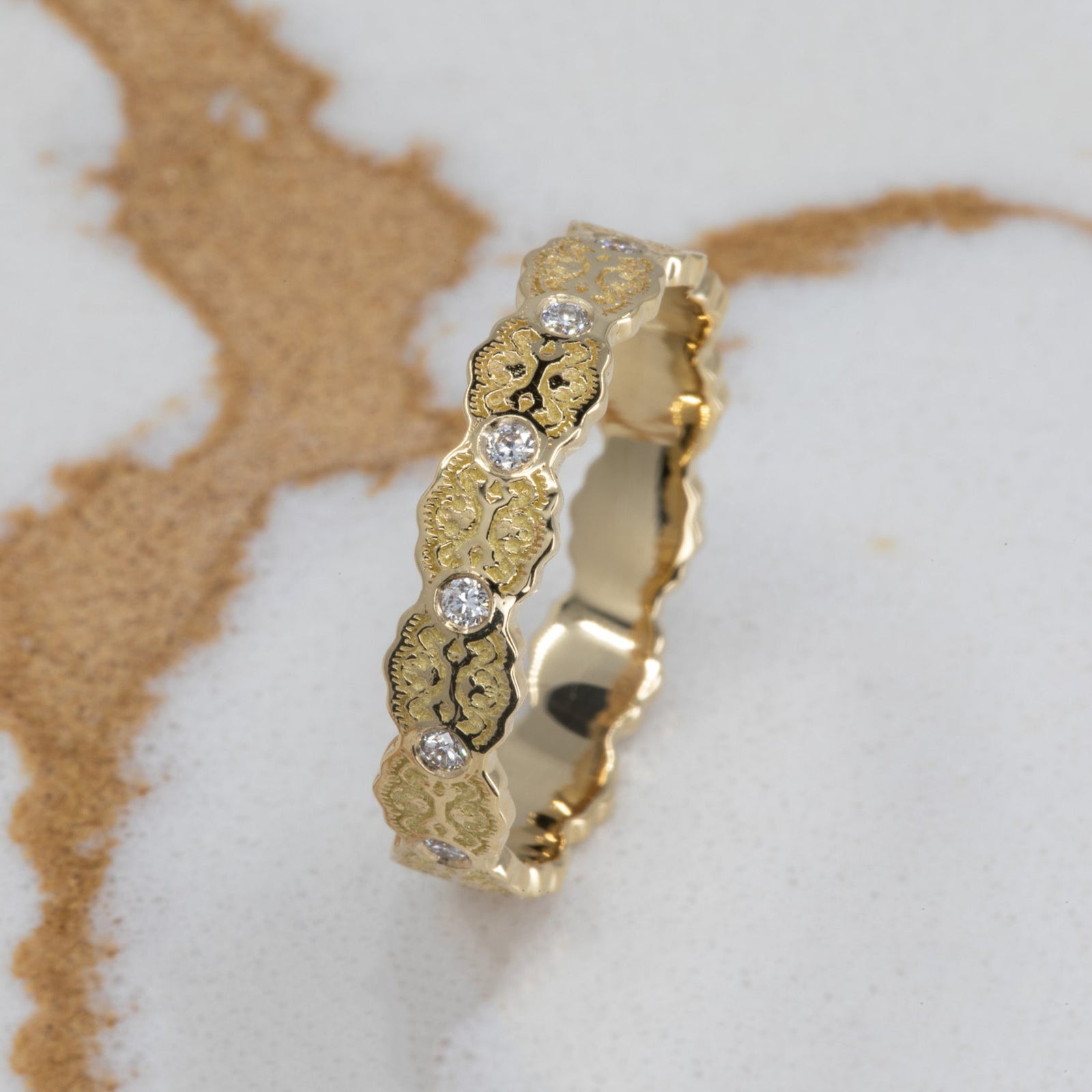Aria Lace Wedding Ring with Eternity Diamonds in 14k Yellow Gold – view 2