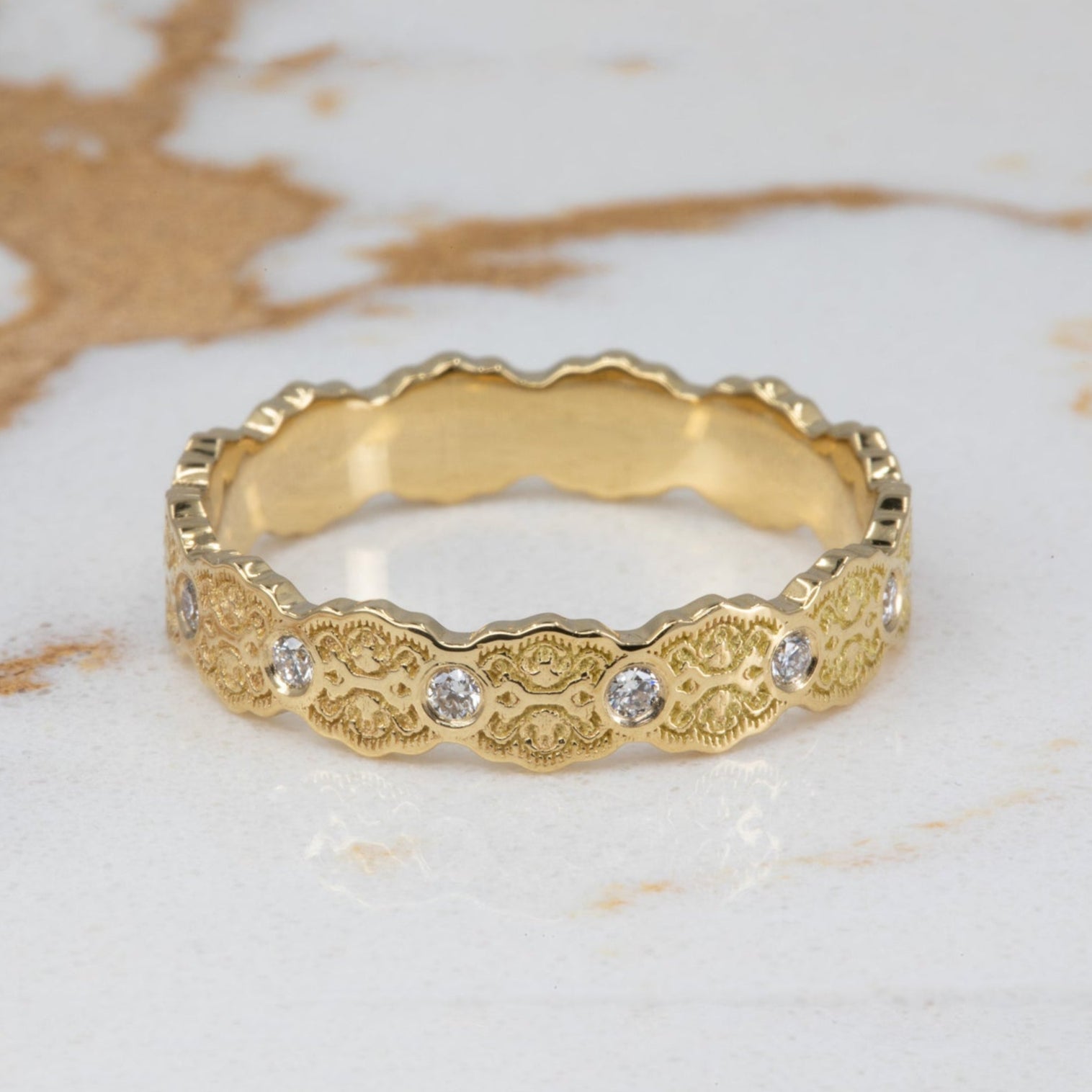 Aria Lace Wedding Ring with Eternity Diamonds in 14k Yellow Gold