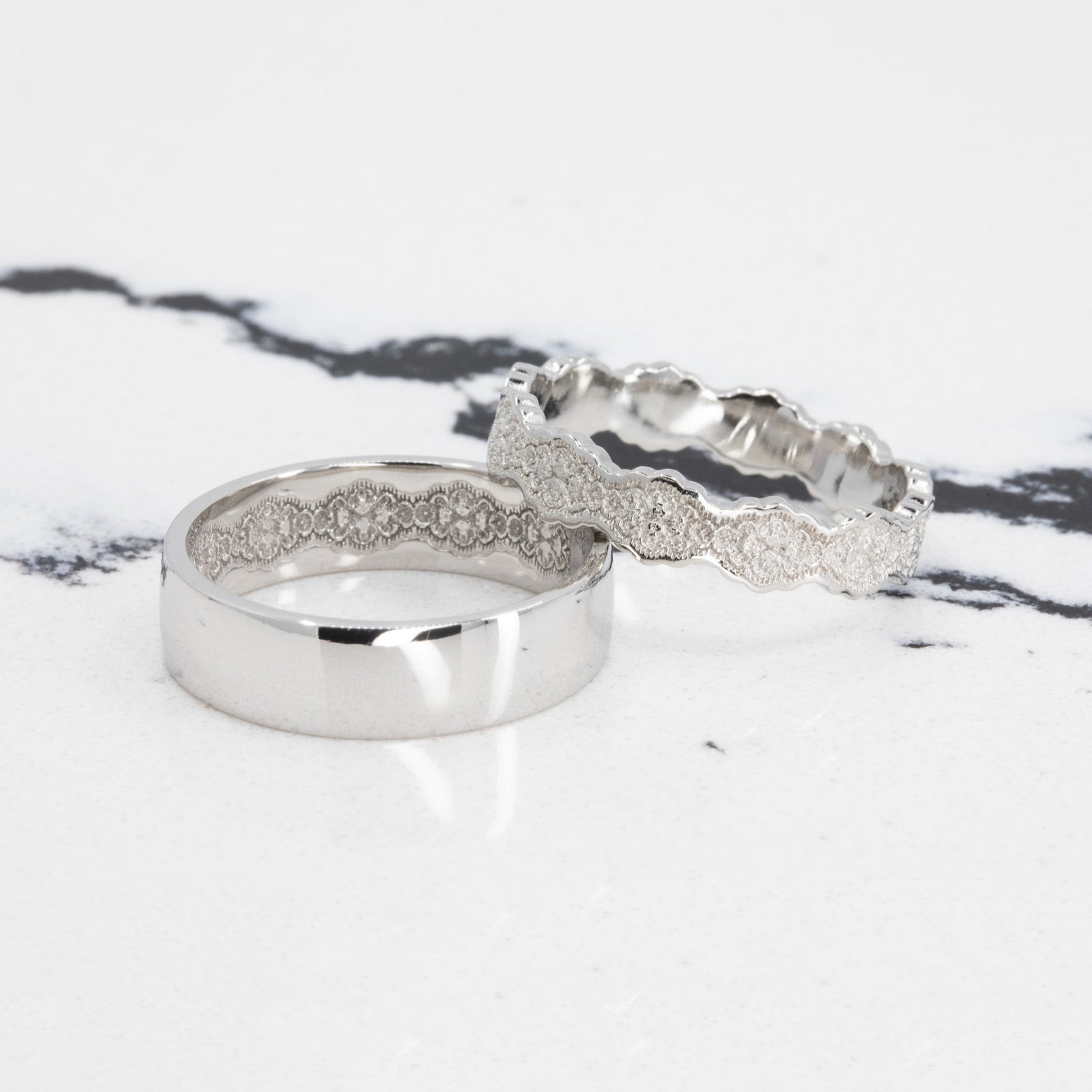 Couples Matching Eden Lace Wedding Ring Set in 14K Yellow Gold – view 2
