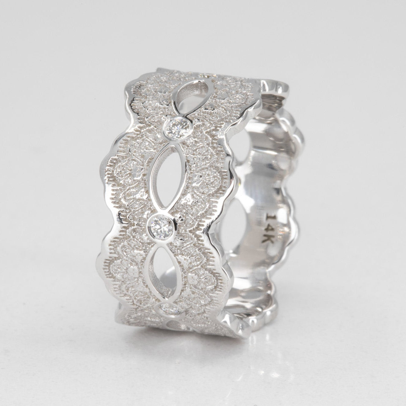 Celeste Lace Wedding Ring with Eternity Diamonds in 14K Yellow Gold – view 2