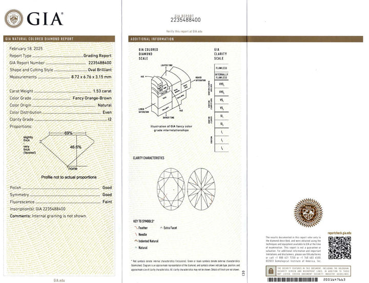 1.53ct Oval Brilliant Champagne Diamond with GIA Certificate I2
