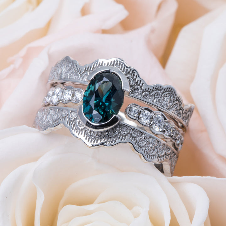 Seraphine Lace Engagement Ring Set with a Teal Oval Sapphire and Diamonds