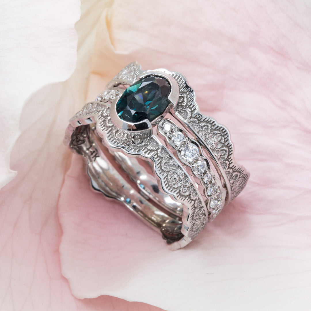 Seraphine Lace Engagement Ring Set with a Teal Oval Sapphire and Diamonds