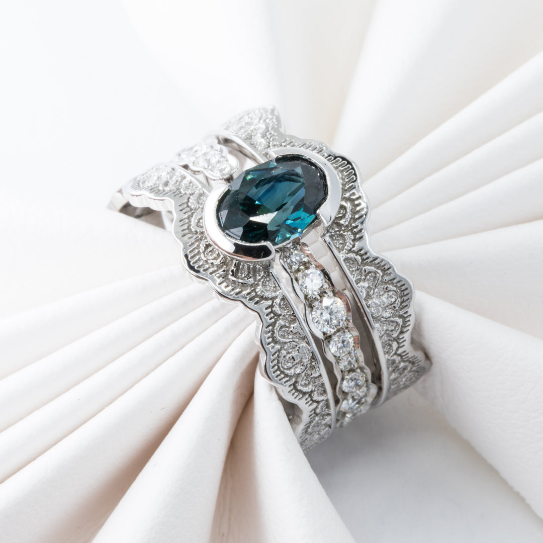 Seraphine Lace Engagement Ring Set with a Teal Oval Sapphire and Diamonds