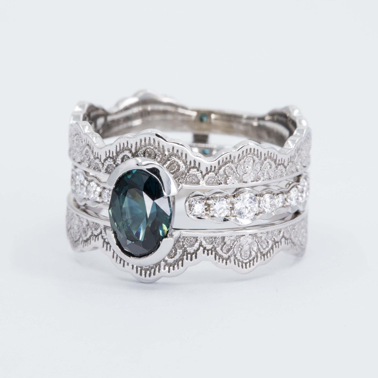 Seraphine Lace Engagement Ring Set with a Teal Oval Sapphire and Diamonds in 14K Yellow Gold – view 2