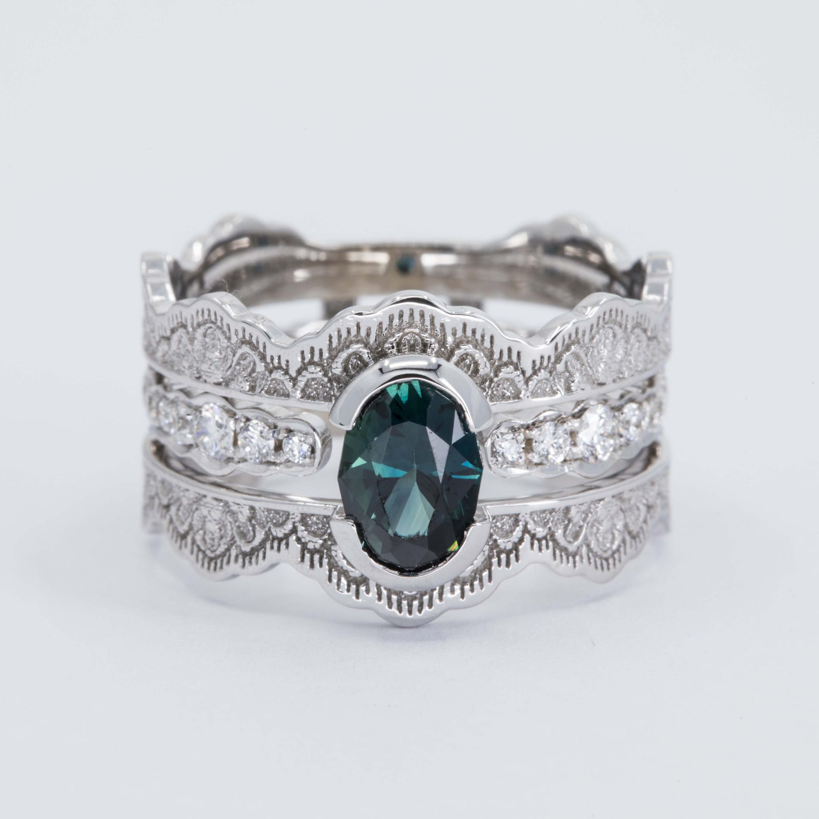 Seraphine Lace Engagement Ring Set with a Teal Oval Sapphire and Diamonds in 14K Yellow Gold