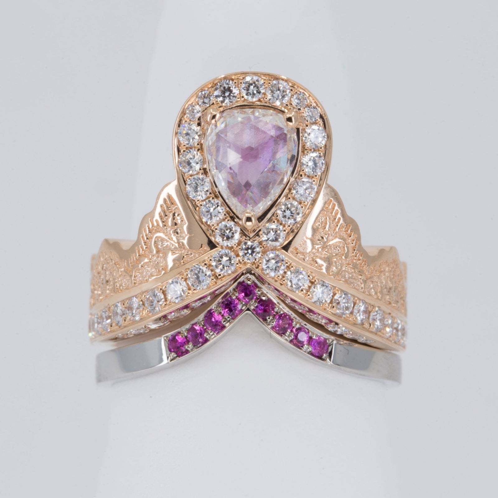 0.52ct Rose Cut Pear Diamond Ring in 14K Rose Gold with a Matching Pink Sapphire and Diamond Ring in 14K White Gold