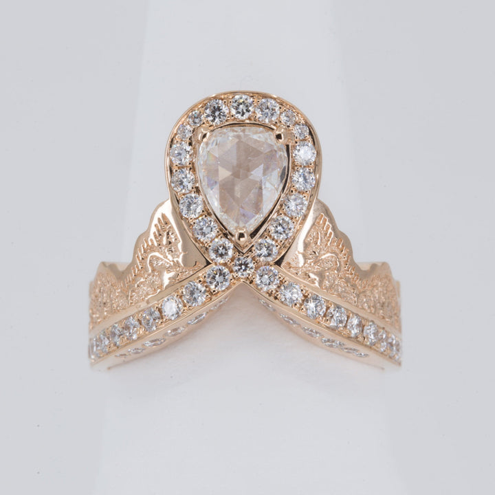0.52ct Rose Cut Pear Diamond Ring in 14K Rose Gold with a Matching Pink Sapphire and Diamond Ring in 14K White Gold - Size 6