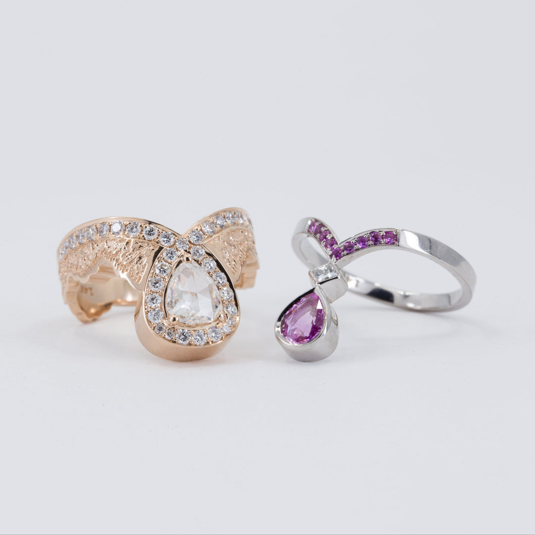 0.52ct Rose Cut Pear Diamond Ring in 14K Rose Gold with a Matching Pink Sapphire and Diamond Ring in 14K White Gold - Size 6