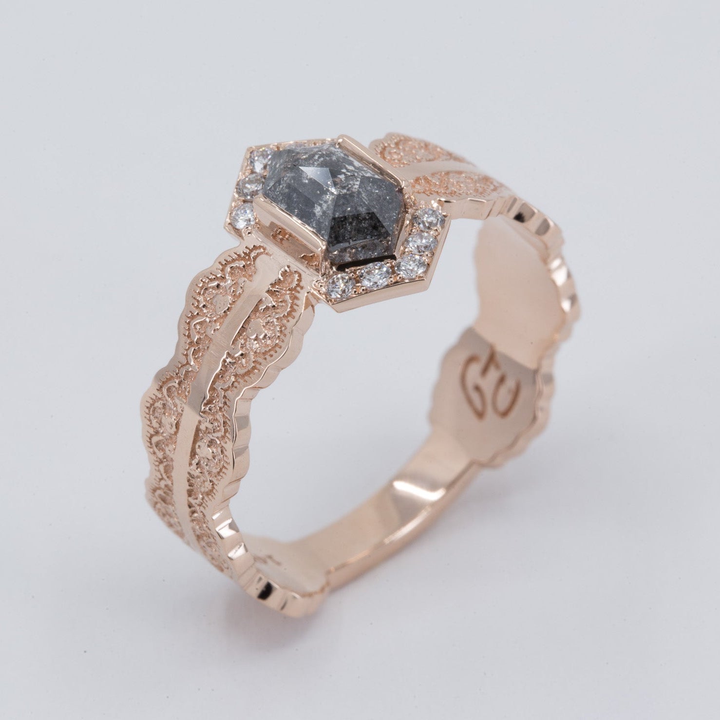 Esme Hexagon Lace Engagement Ring with Salt and Pepper Diamond in 14K Yellow Gold – view 2