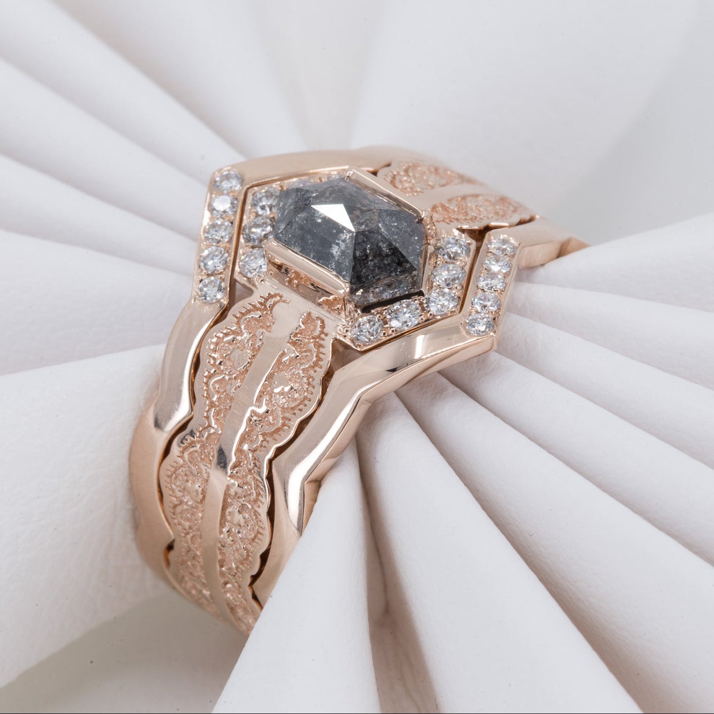 Esme Hexagon Lace Engagement Ring with Salt and Pepper Diamond and Matching Wedding Rings in 14K Yellow Gold – view 2