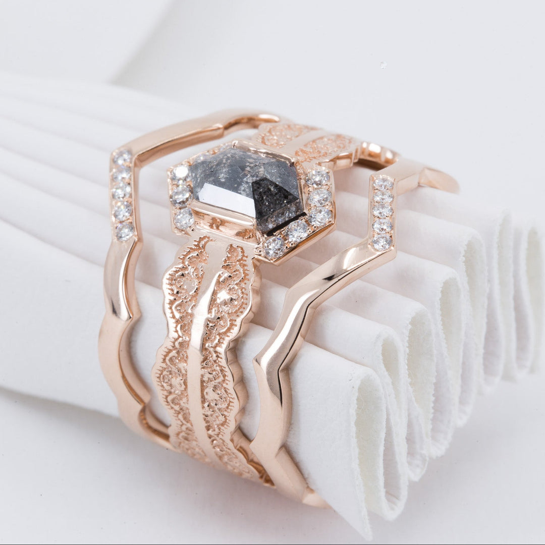 Esme Hexagon Lace Engagement Ring with Salt and Pepper Diamond and Matching Wedding Rings