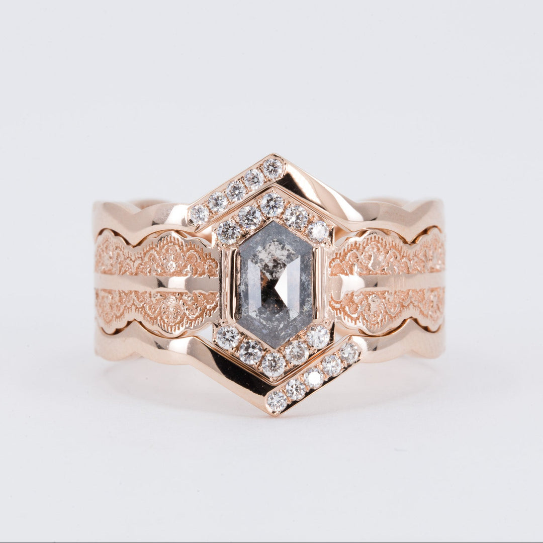 Esme Hexagon Lace Engagement Ring with Salt and Pepper Diamond and Matching Wedding Rings
