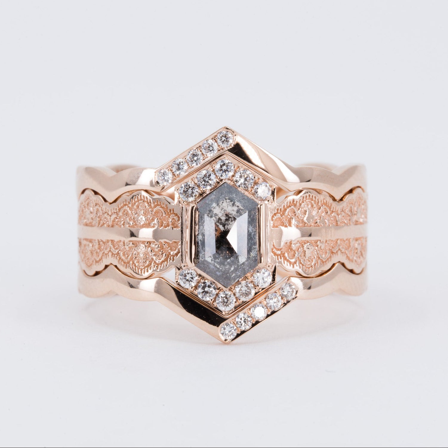Esme Hexagon Lace Engagement Ring with Salt and Pepper Diamond and Matching Wedding Rings in 14K Yellow Gold