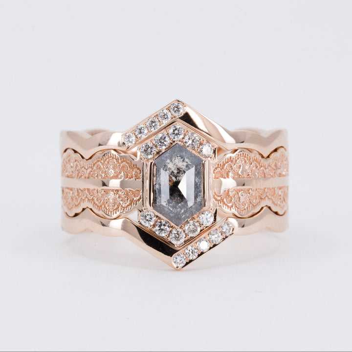 Esme Hexagon Lace Engagement Ring with Salt and Pepper Diamond and Matching Wedding Rings