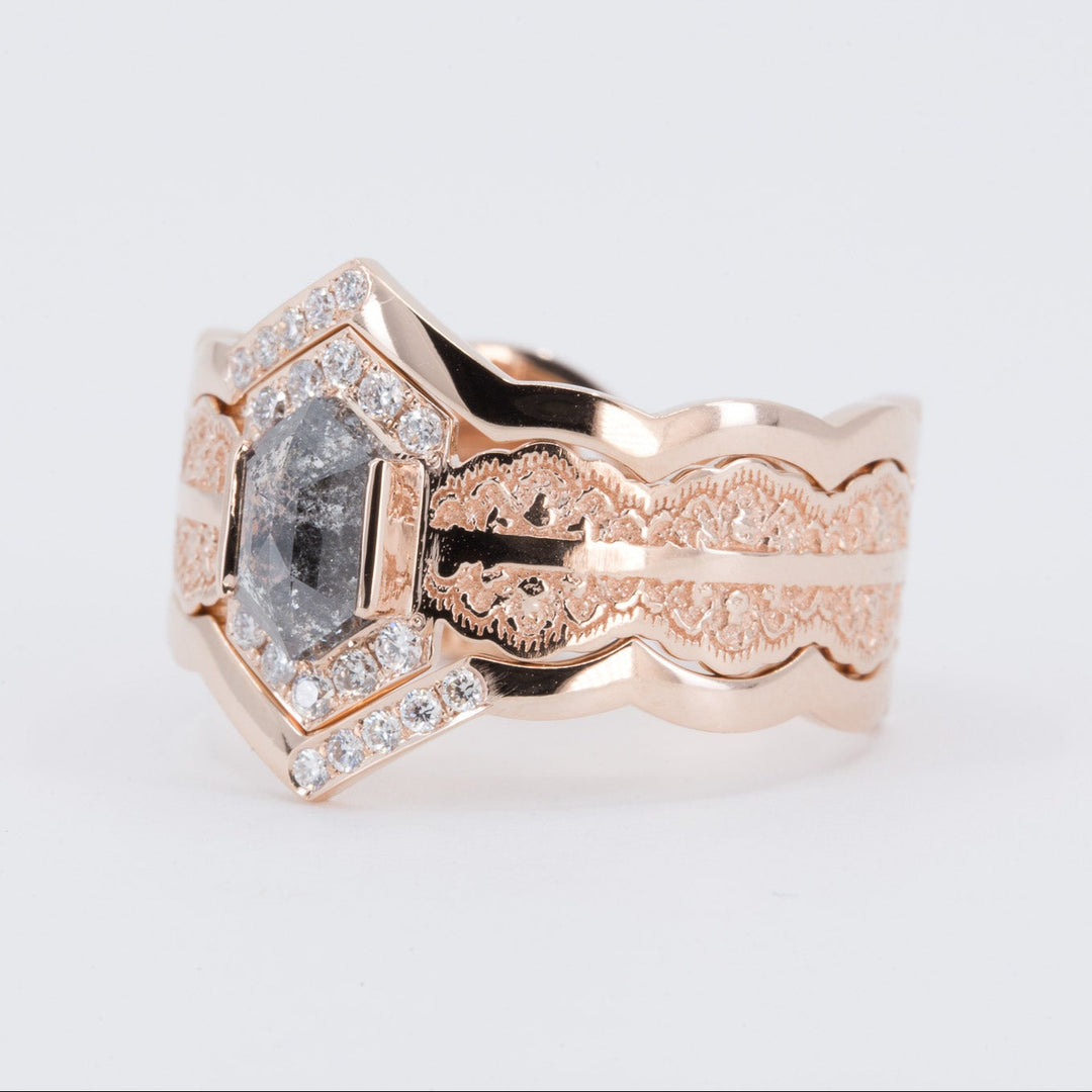 Esme Hexagon Lace Engagement Ring with Salt and Pepper Diamond and Matching Wedding Rings