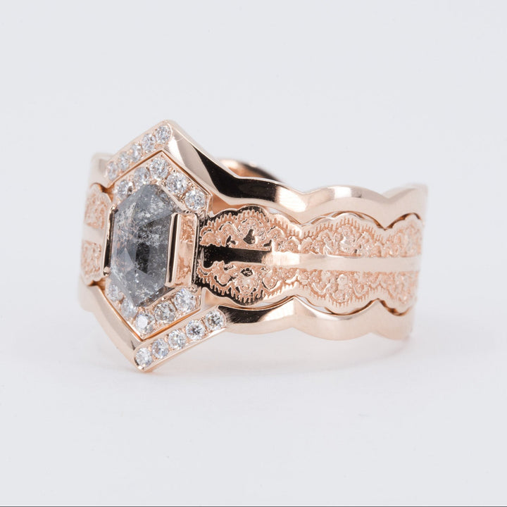 Esme Hexagon Lace Engagement Ring with Salt and Pepper Diamond and Matching Wedding Rings