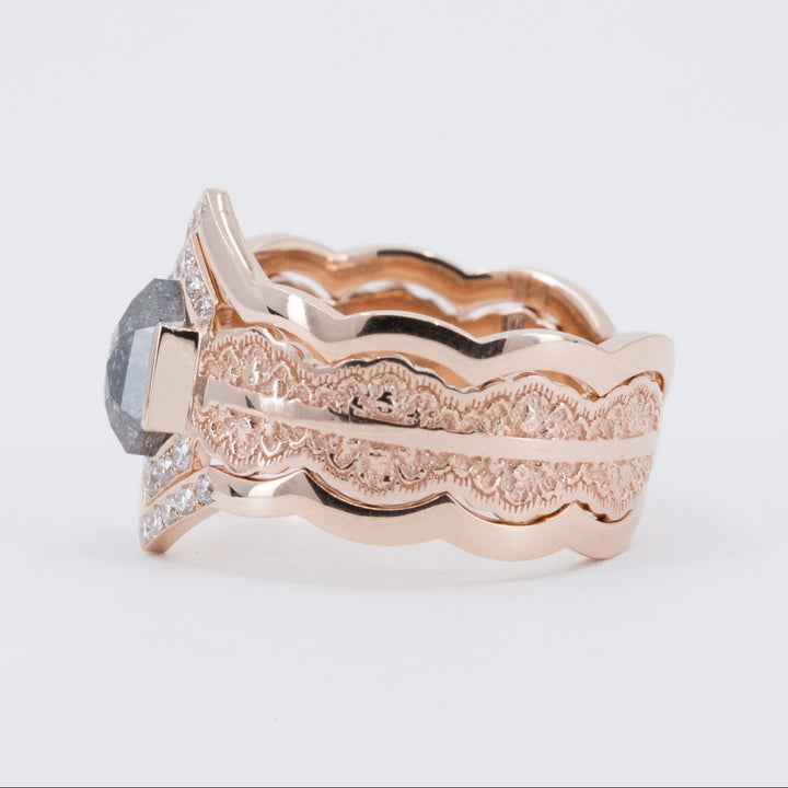 Esme Hexagon Lace Engagement Ring with Salt and Pepper Diamond and Matching Wedding Rings