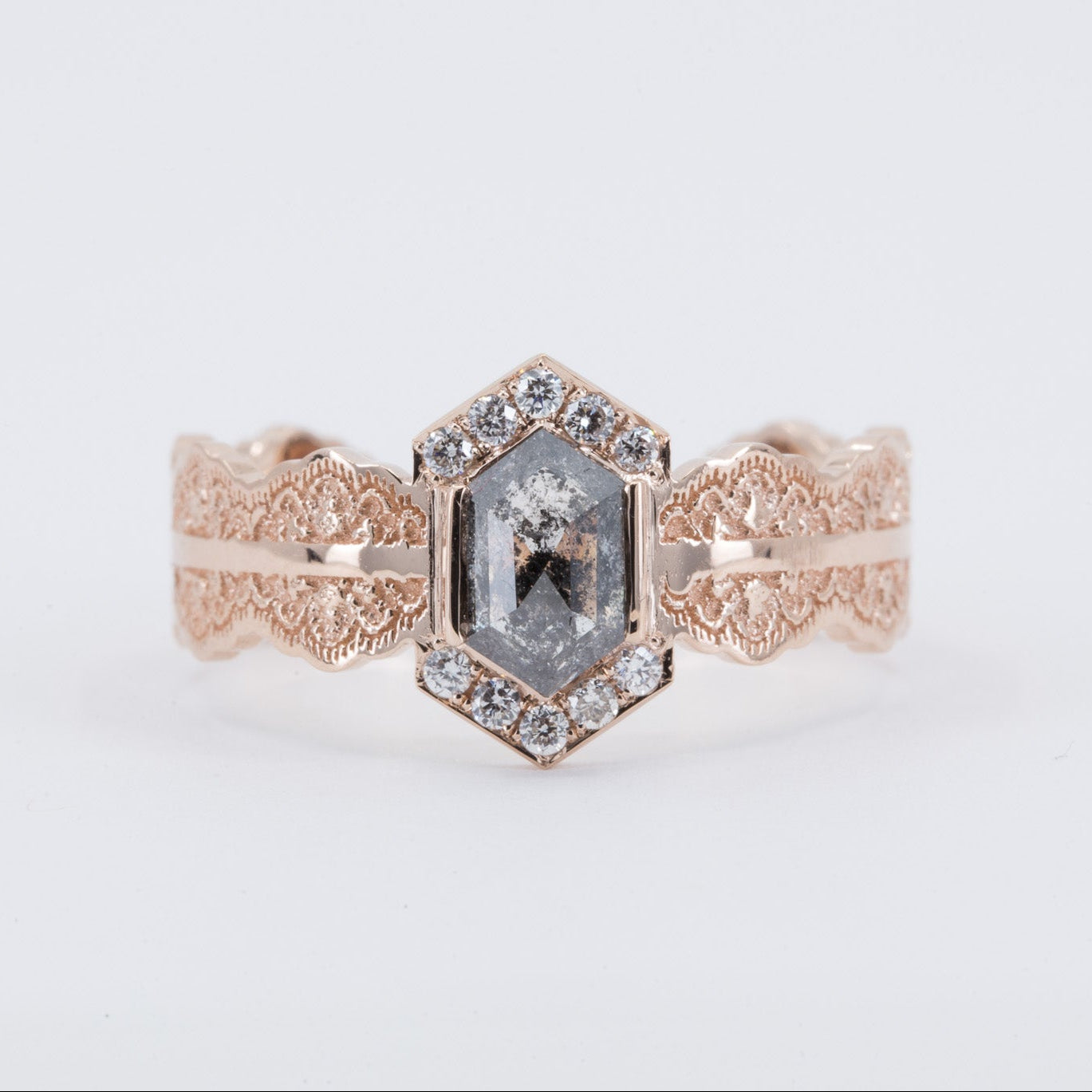 Esme Hexagon Lace Engagement Ring with Salt and Pepper Diamond in 14K Yellow Gold
