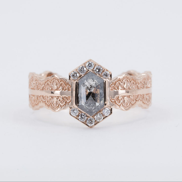 Esme Hexagon Lace Engagement Ring with Salt and Pepper Diamond