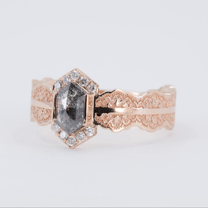 Esme Hexagon Lace Engagement Ring with Salt and Pepper Diamond
