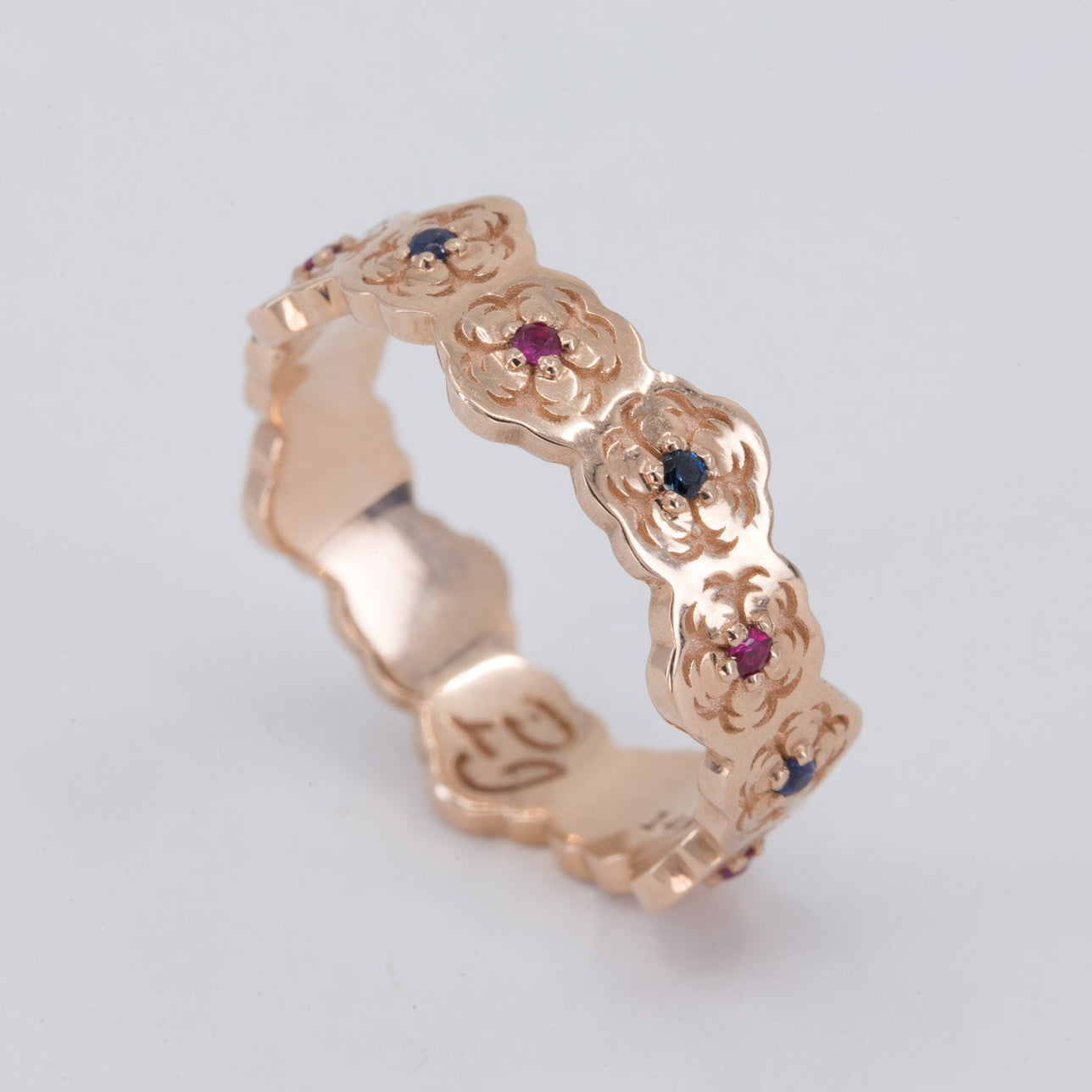 Sakura Wedding Ring with Sapphires and Rubies in 14K Yellow Gold – view 2