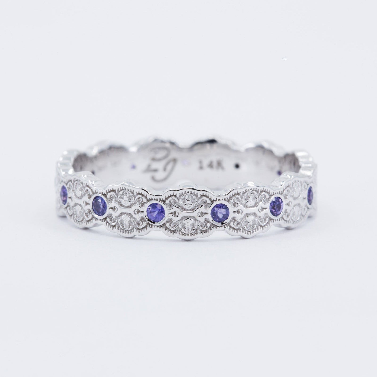 Aria Lace Wedding Ring with Eternity Purple Sapphires in 14K Yellow Gold