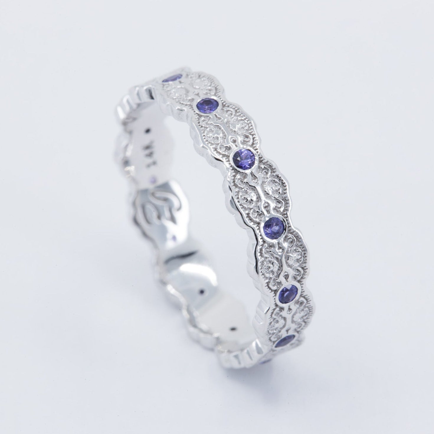 Aria Lace Wedding Ring with Eternity Purple Sapphires in 14K Yellow Gold – view 2