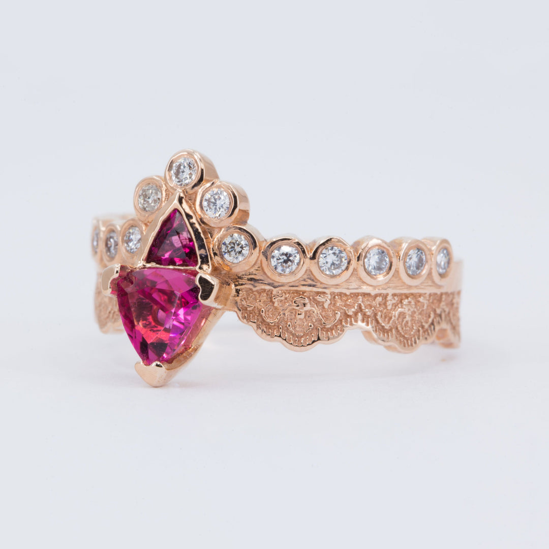 Tiara Lace Ring with Pink Tourmalines and Diamonds - Size 6.5