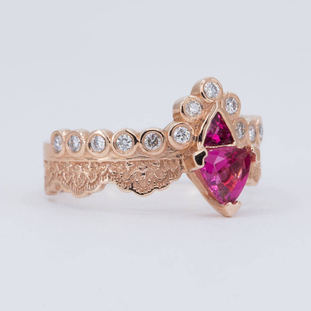 Tiara Lace Ring with Pink Tourmalines and Diamonds - Size 6.5