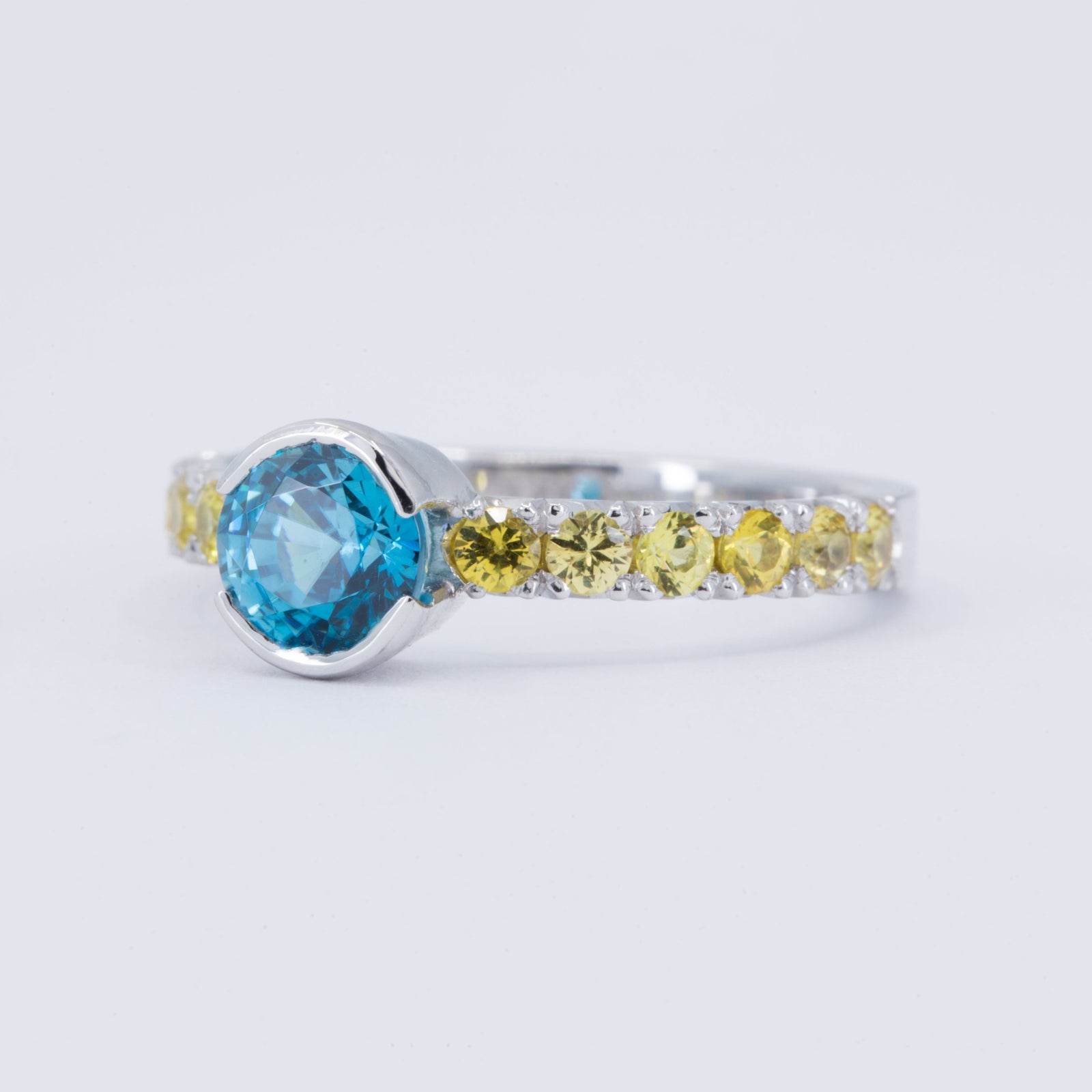 1.58ct Blue Zircon Engagement Ring with Yellow Sapphires – view 2