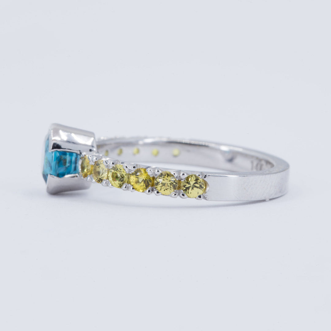 1.58ct Blue Zircon Engagement Ring with Yellow Sapphires - Size 7