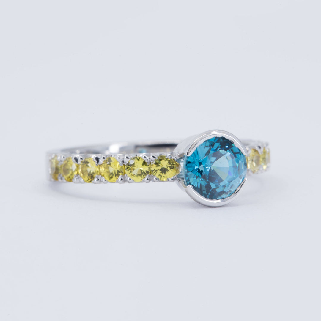 1.58ct Blue Zircon Engagement Ring with Yellow Sapphires - Size 7